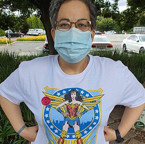 [.CO.UK-en United Kingdom (english)] Breast cancer fighter Anita shows off one of her many superhero shirts. Here you can see Wonder Woman.