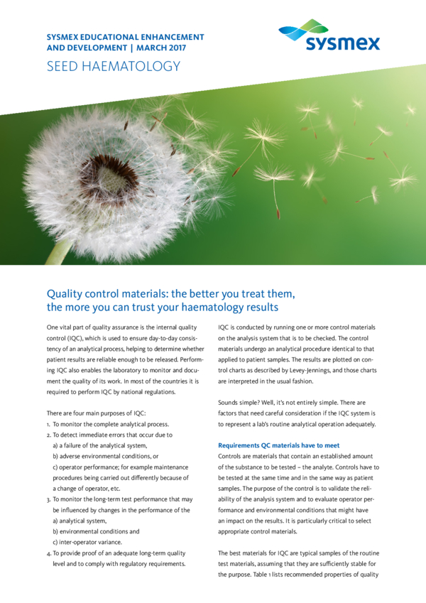 SEED: Quality control materials: the better you treat them, the more you can trust your haematology results